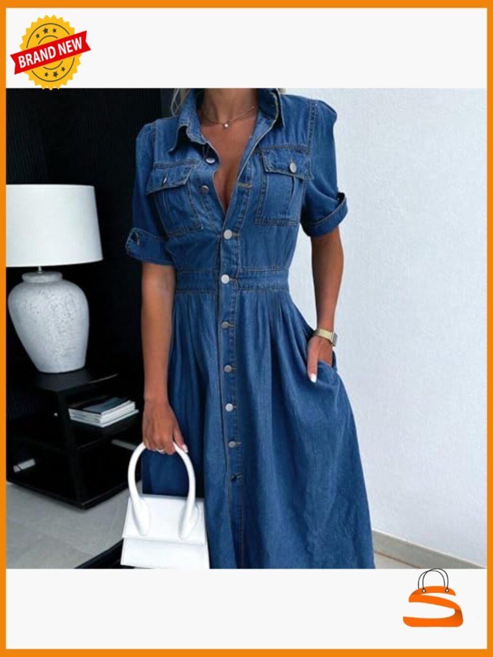 V Neck Short Sleeve Denim Shirt Dress A-Line Midi with Pockets - Picture 3 of 7